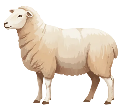 A stylized vector illustration of a white sheep standing in profile, set against a solid white background.