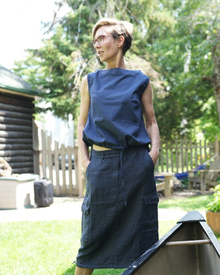 Navy Linen Top & Cargo Skirt Set