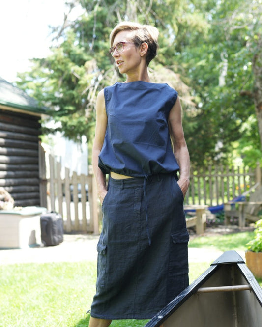 Navy Linen Top & Cargo Skirt Set