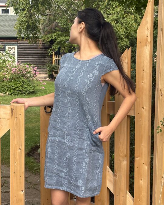 Embroidered Linen Dress With Bell Panel - image 3