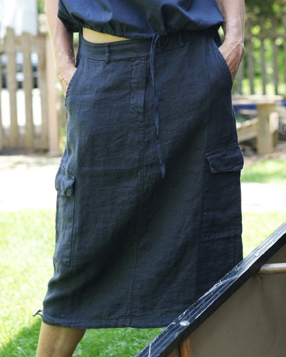 Navy Linen Top & Cargo Skirt Set