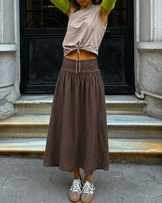 Brown Linen Top & Skirt Set