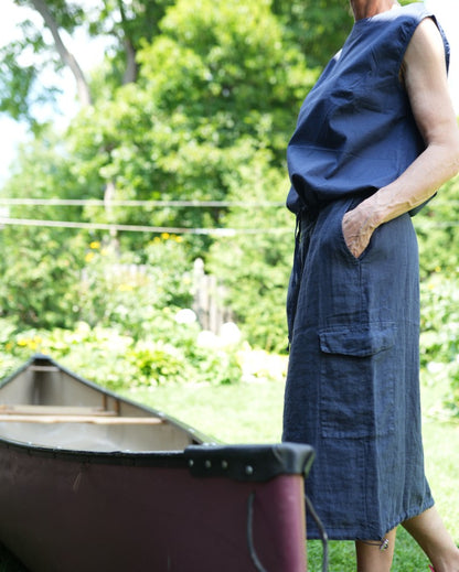 Navy Linen Top & Cargo Skirt Set