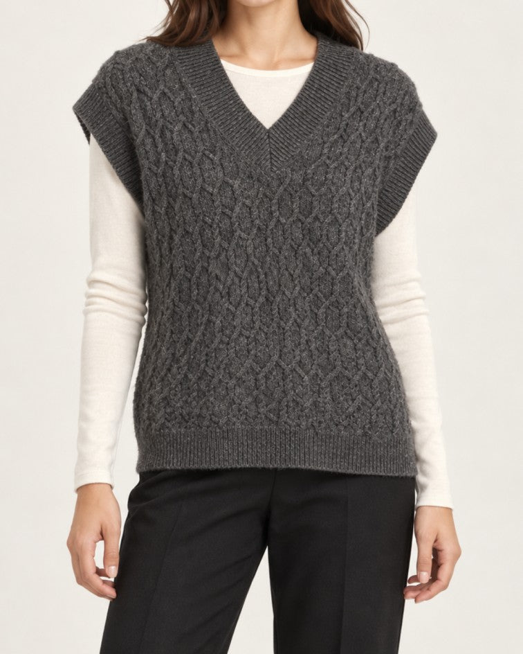 V Neck Wool Cable-Knit Vest