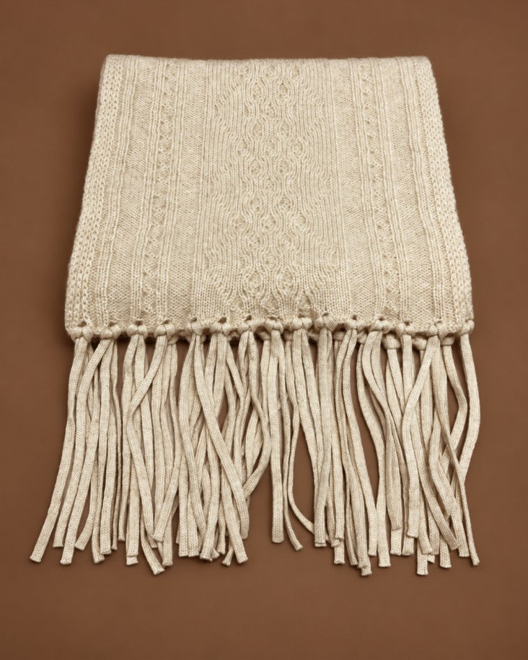 Unisex Cable-Knit Cashmere Scarf with Fringe