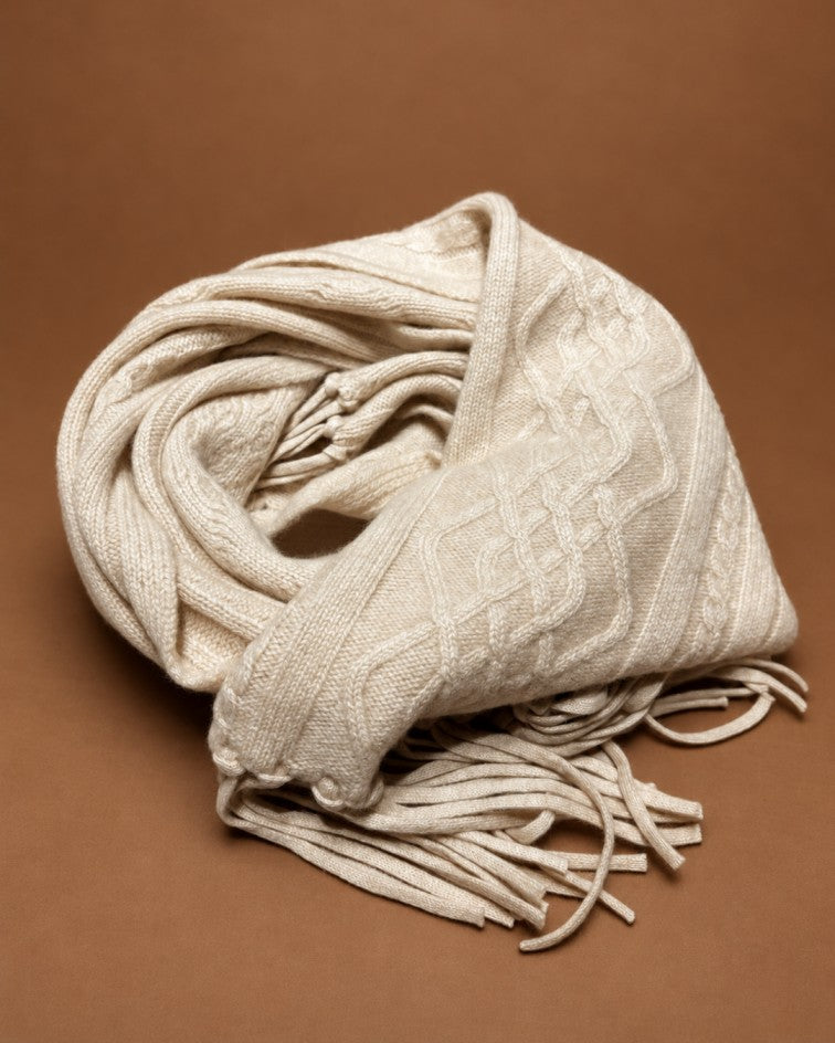 Unisex Cable-Knit Cashmere Scarf with Fringe