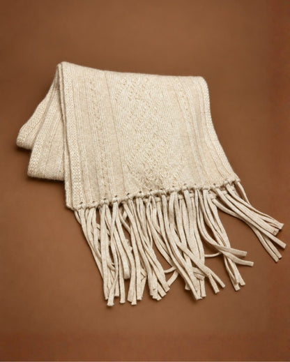 Unisex Cable-Knit Cashmere Scarf with Fringe