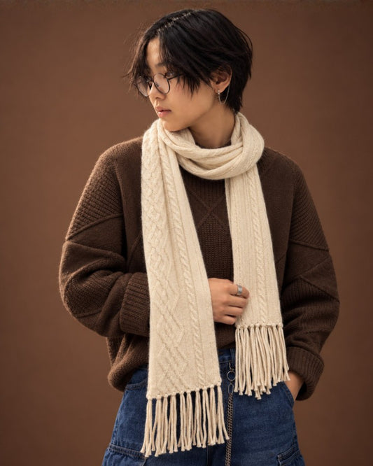 Unisex Cable-Knit Cashmere Scarf with Fringe