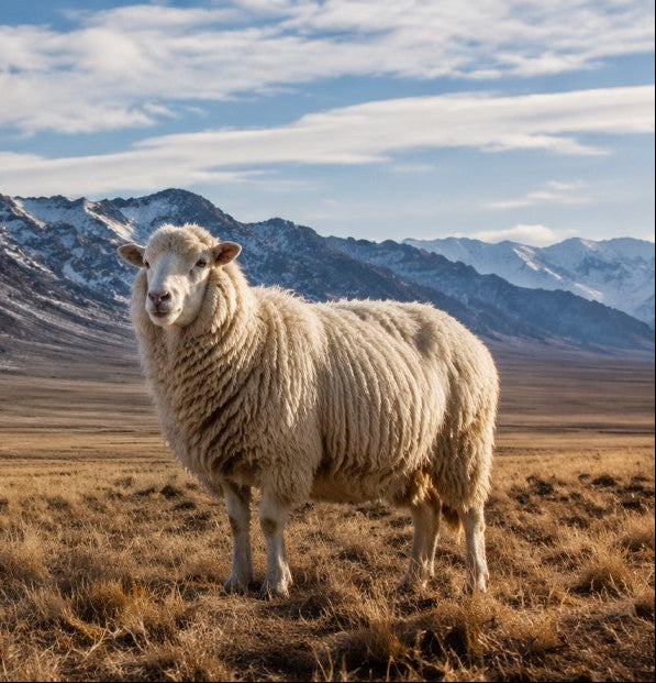 A white woolly sheep stands in a dry grassy field with snow-capped mountains and a blue sky in the background.