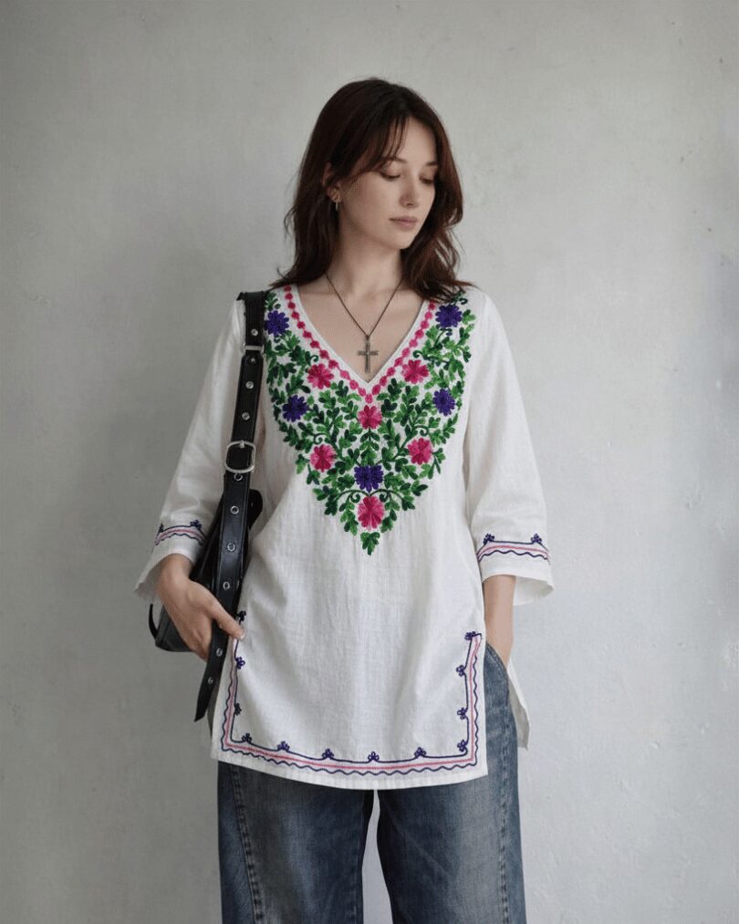 Floral Embroidered Linen Blouse – Ivory