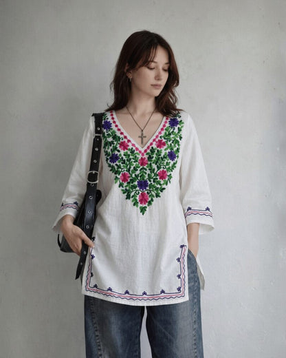Floral Embroidered Linen Blouse – Ivory