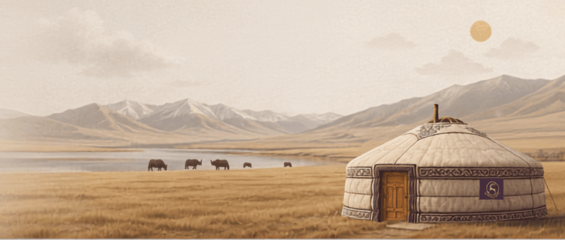 A scenic landscape artwork showing a traditional yurt with a wooden door in a golden grassland, with mountains, a lake, grazing animals, and a sun in the sky.