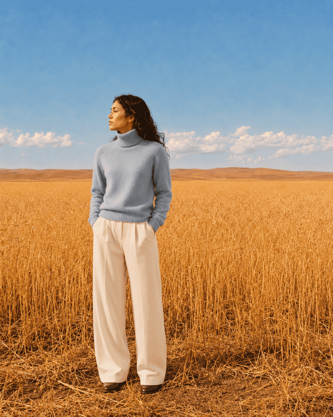 Woman wearing a blue cashmere turtleneck in a golden field