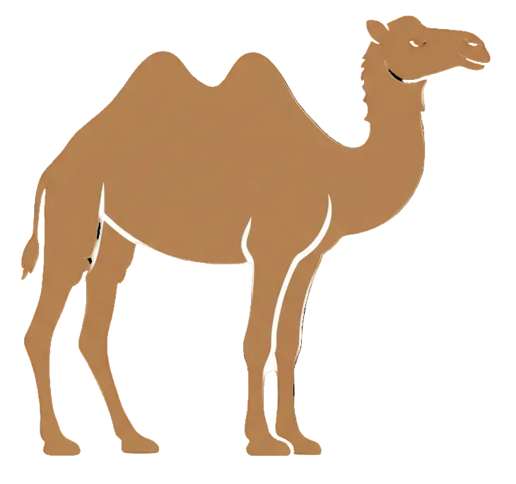 A simple side-profile camel silhouette in a warm tan/brown color on a plain white background.