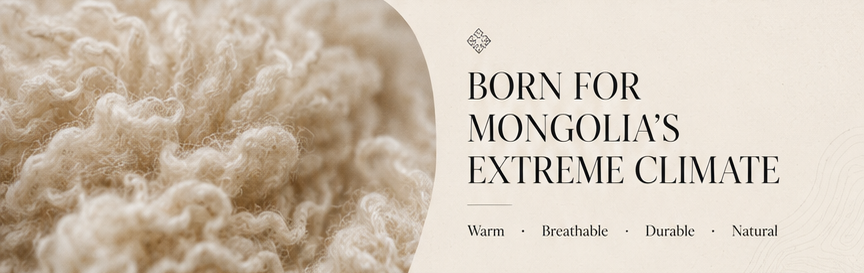 A promotional banner featuring a close-up texture shot of fluffy cream-colored wool on the left and text on the right that reads 'BORN FOR MONGOLIA'S EXTREME CLIMATE' with smaller descriptors 'Warm • Breathable • Durable • Natural'.