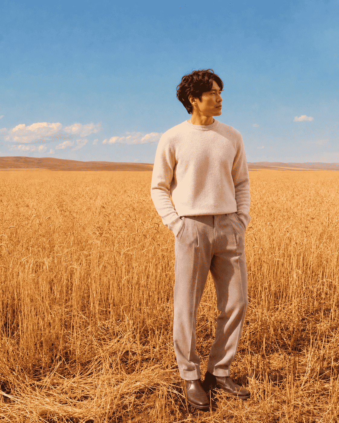 Man wearing a cream cashmere sweater in a golden field